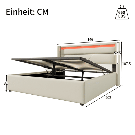 Cama de casal de pu 140x200cm com armazenamento e luz LED,branco Cama de casal de pu 140x200cm com armazenamento e luz LED,branco