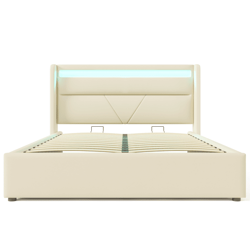 Cama de casal de pu 140x200cm com armazenamento e luz LED,branco Cama de casal de pu 140x200cm com armazenamento e luz LED,branco