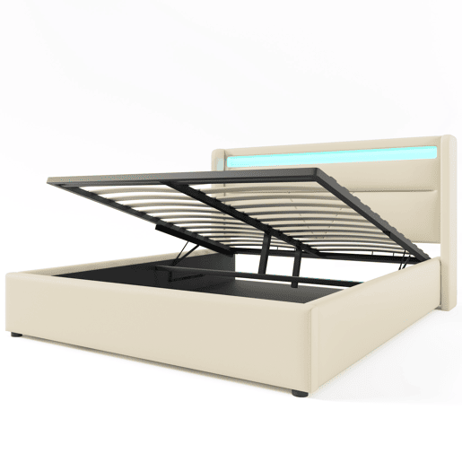 Cama de casal de pu 140x200cm com armazenamento e luz LED,branco Cama de casal de pu 140x200cm com armazenamento e luz LED,branco