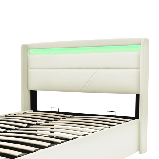 Cama de casal de pu 140x200cm com armazenamento e luz LED,branco Cama de casal de pu 140x200cm com armazenamento e luz LED,branco
