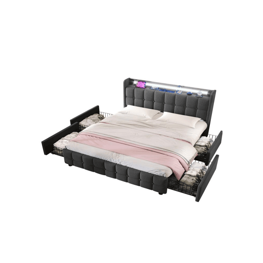 Cama de casal de madeira maciça 140x200cm com luz LED e 4 gavetas,cinzento Cama de casal de madeira maciça 140x200cm com luz LED e 4 gavetas,cinzento