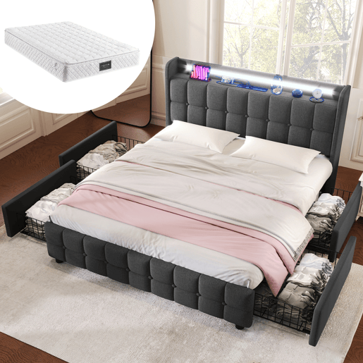 Cama de casal de madeira maciça 140x200cm com luz LED e 4 gavetas,cinzento Cama de casal de madeira maciça 140x200cm com luz LED e 4 gavetas,cinzento