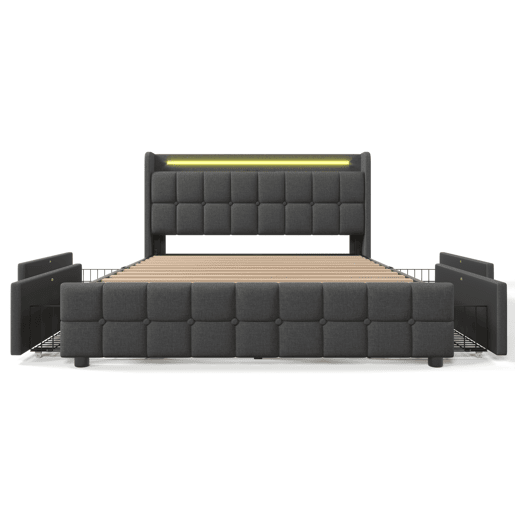 Cama de casal de madeira maciça 140x200cm com luz LED e 4 gavetas,cinzento Cama de casal de madeira maciça 140x200cm com luz LED e 4 gavetas,cinzento