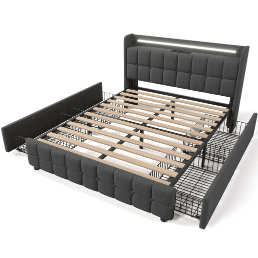Cama de casal de madeira maciça 140x200cm com luz LED e 4 gavetas,cinzento Cama de casal de madeira maciça 140x200cm com luz LED e 4 gavetas,cinzento
