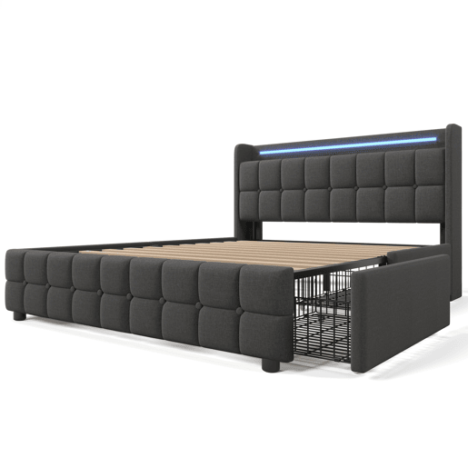 Cama de casal de madeira maciça 140x200cm com luz LED e 4 gavetas,cinzento Cama de casal de madeira maciça 140x200cm com luz LED e 4 gavetas,cinzento