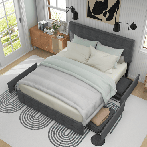 Cama de casal de linho 140x200cm com 4 gavetas,cinzento