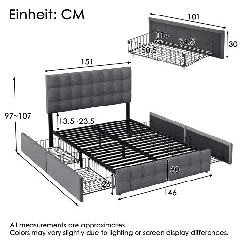 Cama de casal de linho 140x200cm com 4 gavetas,cinzento