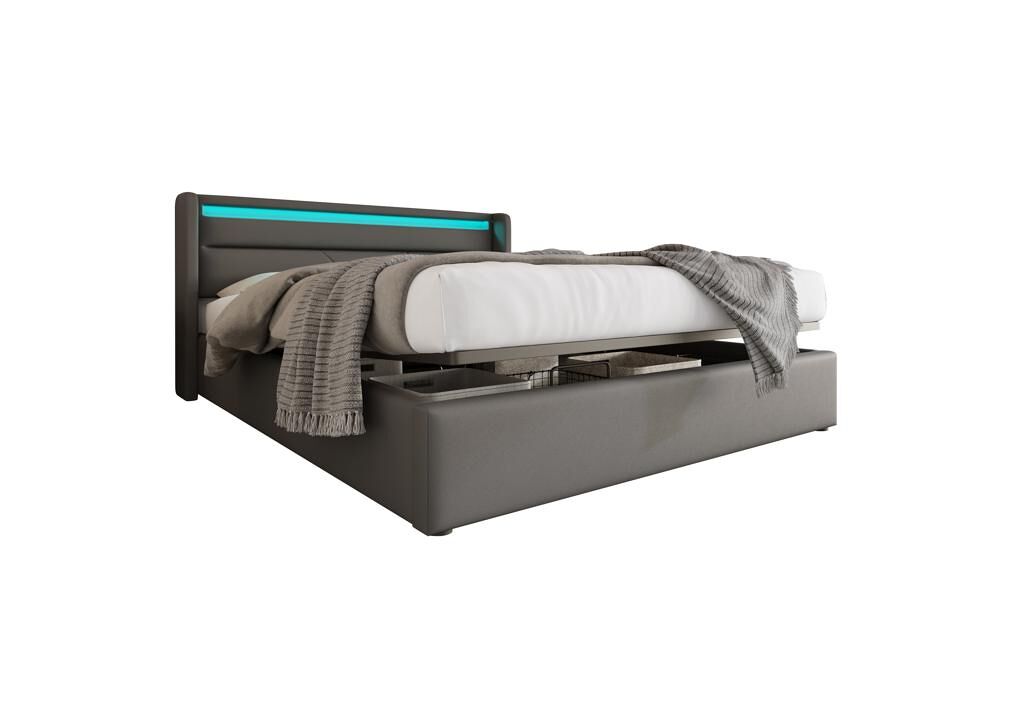 Cama de matrimonio de poliuretano 140x200cm con almacenaje y luz led,gris