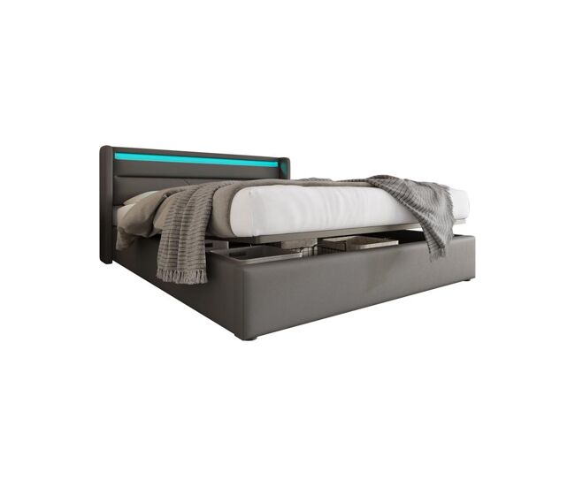 Cama de matrimonio de poliuretano 140x200cm con almacenaje y luz led,gris