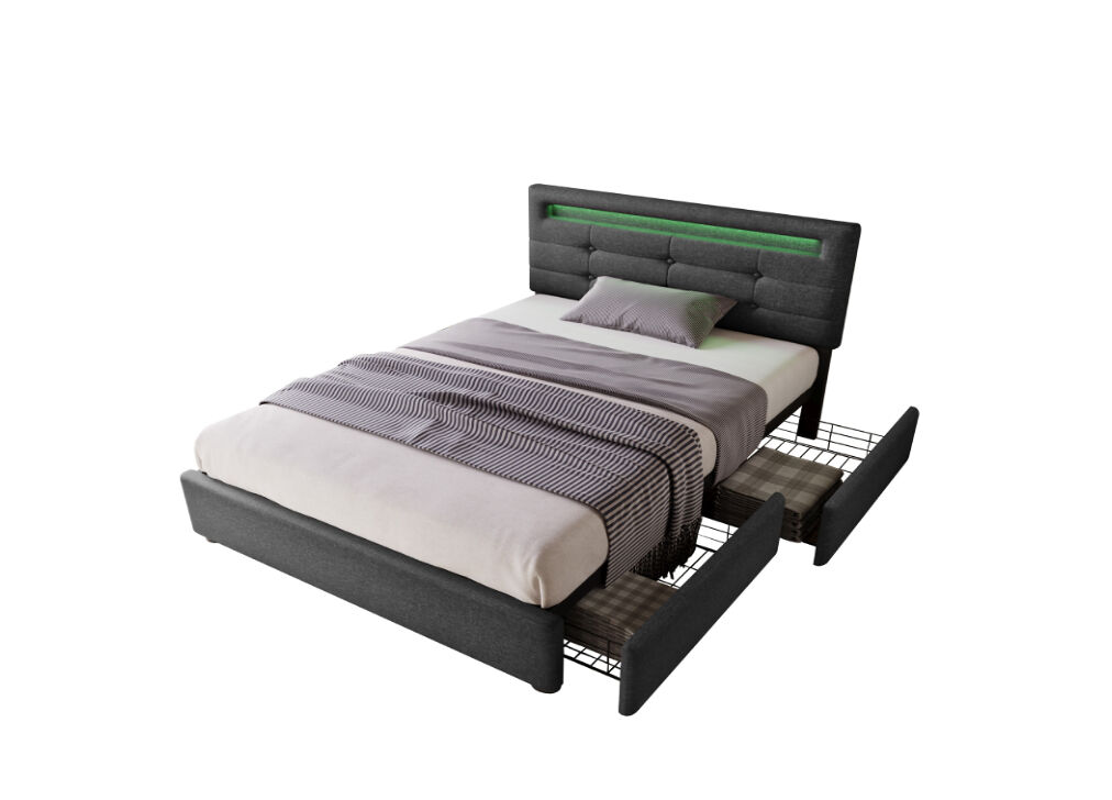Cama individual de lino 90x200cm con luz led y 2 cajones,gris