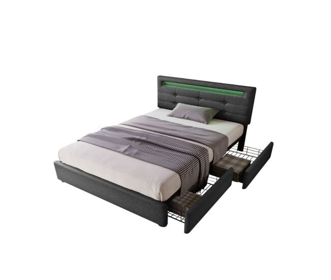 Cama individual de lino 90x200cm con luz led y 2 cajones,gris