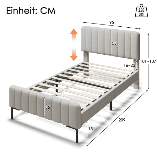 Cama de solteiro de linho 90x200cm com cabeceira ajustável em altura,bege+cinzento