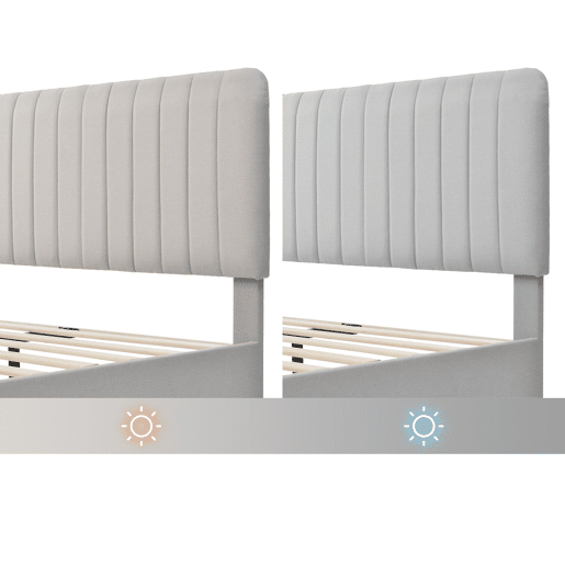 Cama de solteiro de linho 90x200cm com cabeceira ajustável em altura,bege+cinzento