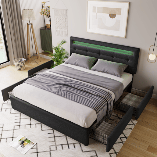 Cama de casal de linho 140x200cm com luz LED,4 gavetas,preto