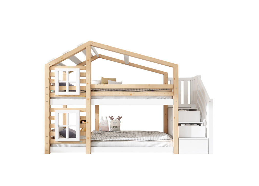 Litera cabaña infantil de madera maciza 90x200cm con ventana,chimenea,escalera con almacenaje y protección contra caídas,blanco+natural