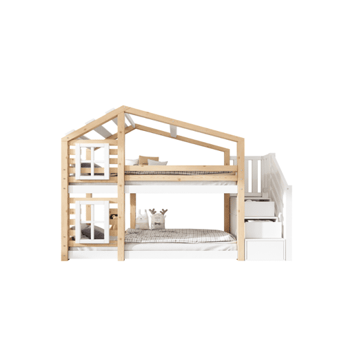 Beliche,cama-casa de madeira maciça 90x200cm,branco+natural