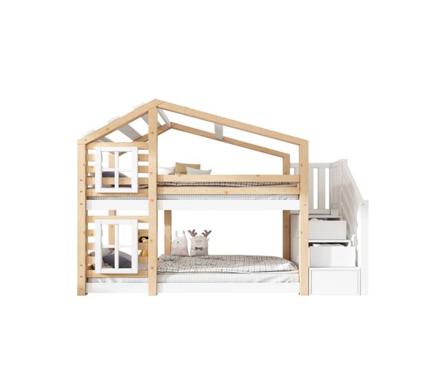 Litera cabaña infantil de madera maciza 90x200cm con ventana,chimenea,escalera con almacenaje y protección contra caídas,blanco+natural