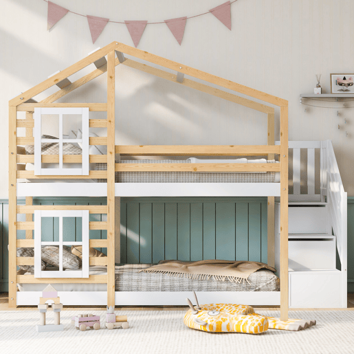 Beliche,cama-casa de madeira maciça 90x200cm,branco+natural