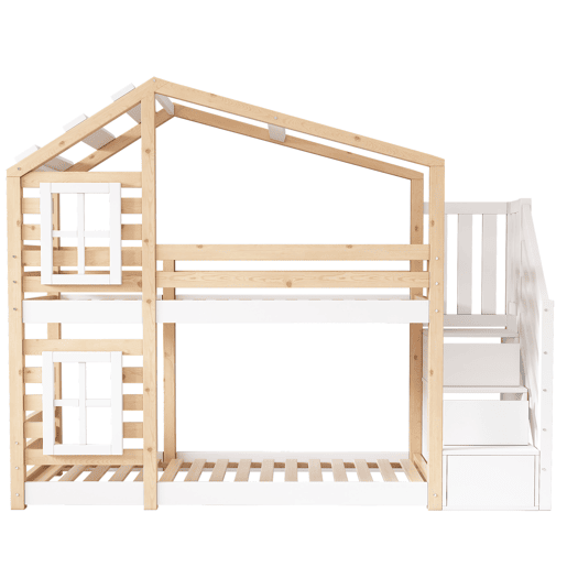 Beliche,cama-casa de madeira maciça 90x200cm,branco+natural