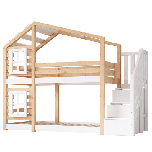 Beliche,cama-casa de madeira maciça 90x200cm,branco+natural