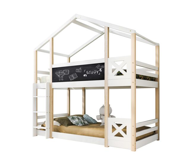 Litera cabaña infantil de madera maciza 90x200cm con pizarra,2 somieres,escalera y protección contra caídas,blanco+natural