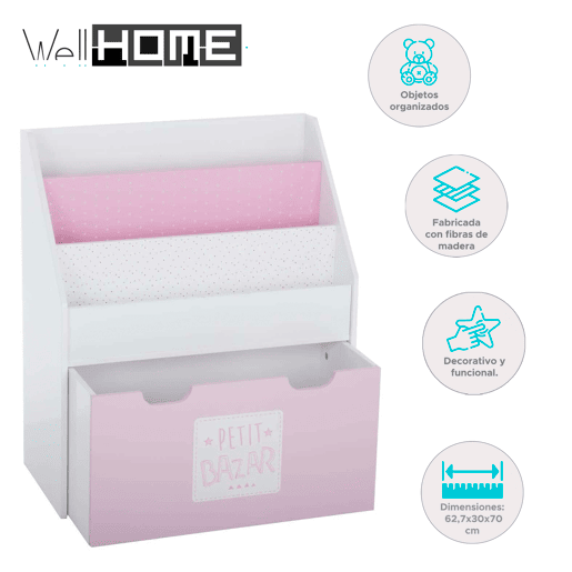 WELL HOME - Prateleira com gaveta, rodas e desenho em rosa 62,7x30x70cm