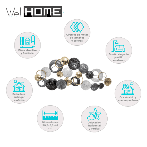 WELL HOME - Decoração de parede redonda de metal 90,5x6,5x44cm - design moderno e elegante