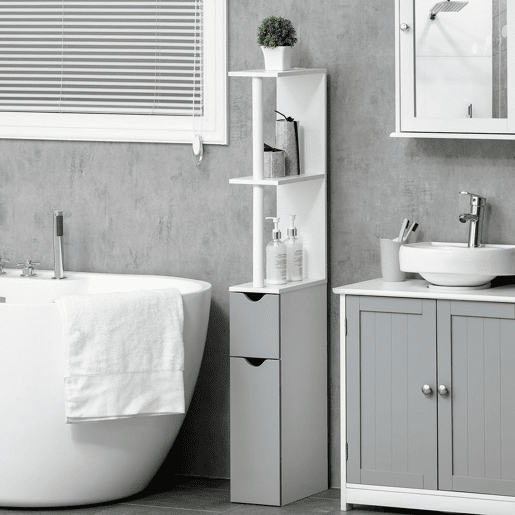 kleankin Coluna Casa de Banho com 2 Portas e 2 Prateleiras Abertas Coluna Auxiliar para Casa de Banho Sala de Estar Dormitório Estilo Moderno 15,2x29,8x118cm Branco e Cinza
