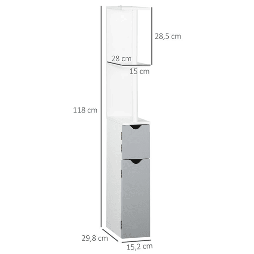 kleankin Coluna Casa de Banho com 2 Portas e 2 Prateleiras Abertas Coluna Auxiliar para Casa de Banho Sala de Estar Dormitório Estilo Moderno 15,2x29,8x118cm Branco e Cinza