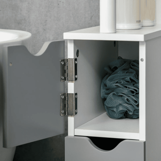 kleankin Coluna Casa de Banho com 2 Portas e 2 Prateleiras Abertas Coluna Auxiliar para Casa de Banho Sala de Estar Dormitório Estilo Moderno 15,2x29,8x118cm Branco e Cinza
