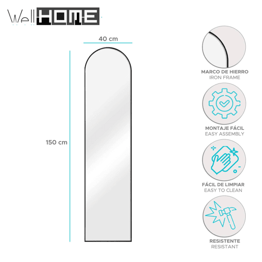 Well Home Espelho de pé em forma de arco preto Alt.150cm