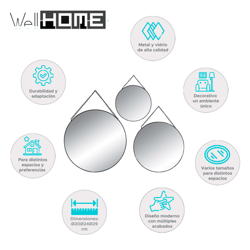 WELL HOME - Conjunto de 3 espelhos decorativos redondos de metal Ø20Ø24Ø29cm