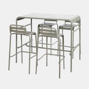 Mesa alta de jardim, 4 cadeiras altas de aço, Amelia, Verde caqui, 120x70x95 cm