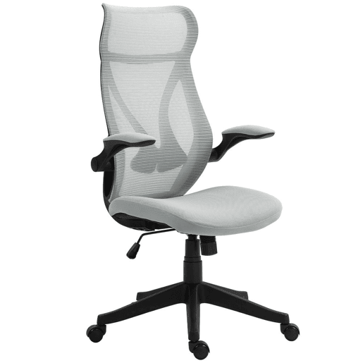 HOMCOM Cadeira de Escritório em Malha Cadeira de Escritório Giratória com Altura Ajustável Apoio para os Braços Dobráveis e Função Basculante Cadeira para Estúdio Carga 120 kg 66x66x113-121 cm Cinza