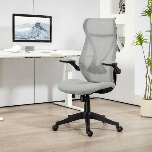 HOMCOM Cadeira de Escritório em Malha Cadeira de Escritório Giratória com Altura Ajustável Apoio para os Braços Dobráveis e Função Basculante Cadeira para Estúdio Carga 120 kg 66x66x113-121 cm Cinza