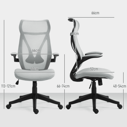 HOMCOM Cadeira de Escritório em Malha Cadeira de Escritório Giratória com Altura Ajustável Apoio para os Braços Dobráveis e Função Basculante Cadeira para Estúdio Carga 120 kg 66x66x113-121 cm Cinza