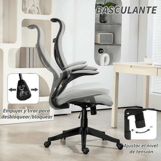 HOMCOM Cadeira de Escritório em Malha Cadeira de Escritório Giratória com Altura Ajustável Apoio para os Braços Dobráveis e Função Basculante Cadeira para Estúdio Carga 120 kg 66x66x113-121 cm Cinza