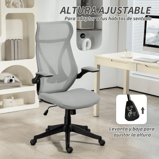 HOMCOM Cadeira de Escritório em Malha Cadeira de Escritório Giratória com Altura Ajustável Apoio para os Braços Dobráveis e Função Basculante Cadeira para Estúdio Carga 120 kg 66x66x113-121 cm Cinza
