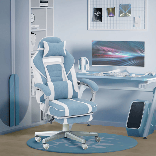 HOMCOM Cadeira Gaming Reclinável com Altura Ajustável, Apoio para os Pés Retrátil, Suporte Lombar e Almofada de Cabeça Removível, para Escritório ou Estudo, Azul
