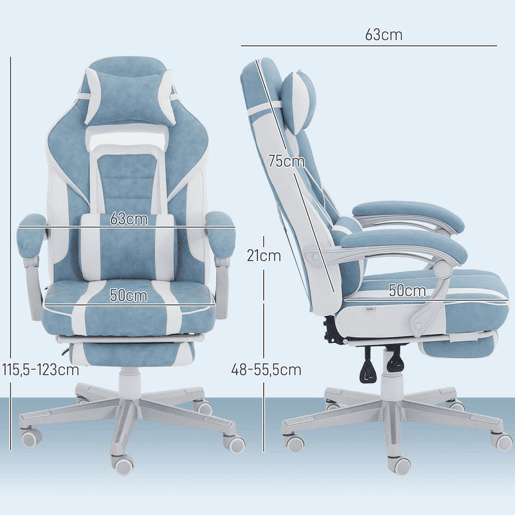 HOMCOM Cadeira Gaming Reclinável com Altura Ajustável, Apoio para os Pés Retrátil, Suporte Lombar e Almofada de Cabeça Removível, para Escritório ou Estudo, Azul