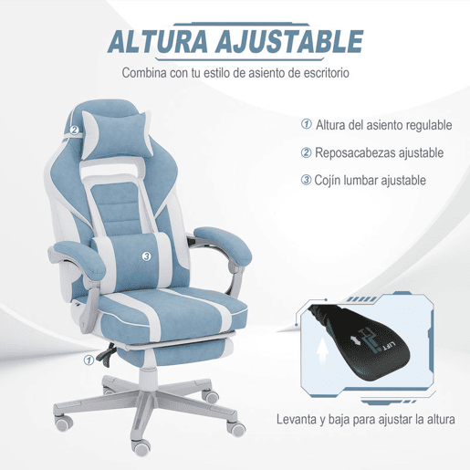 HOMCOM Cadeira Gaming Reclinável com Altura Ajustável, Apoio para os Pés Retrátil, Suporte Lombar e Almofada de Cabeça Removível, para Escritório ou Estudo, Azul