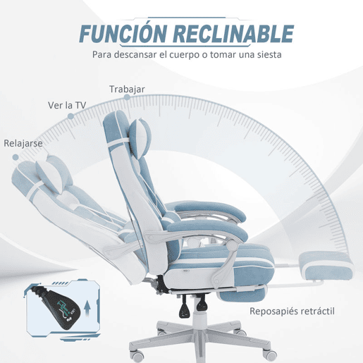 HOMCOM Cadeira Gaming Reclinável com Altura Ajustável, Apoio para os Pés Retrátil, Suporte Lombar e Almofada de Cabeça Removível, para Escritório ou Estudo, Azul