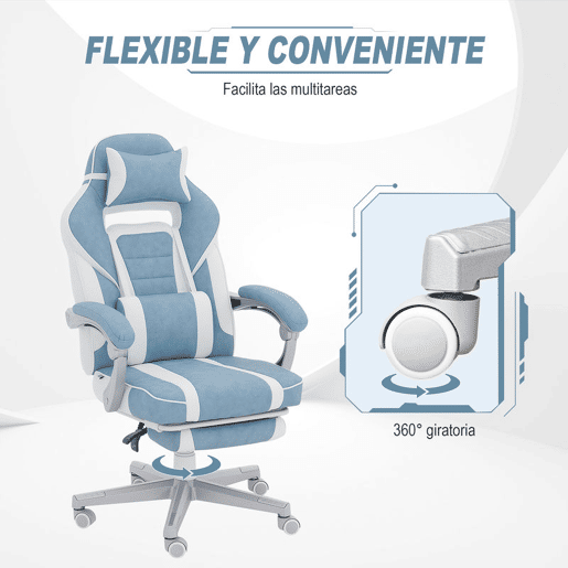HOMCOM Cadeira Gaming Reclinável com Altura Ajustável, Apoio para os Pés Retrátil, Suporte Lombar e Almofada de Cabeça Removível, para Escritório ou Estudo, Azul