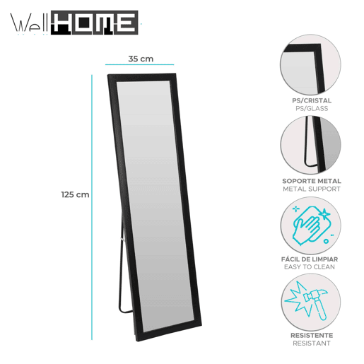 Well Home Espelho retangular de pé com suporte de metal 35,2x125,2cm