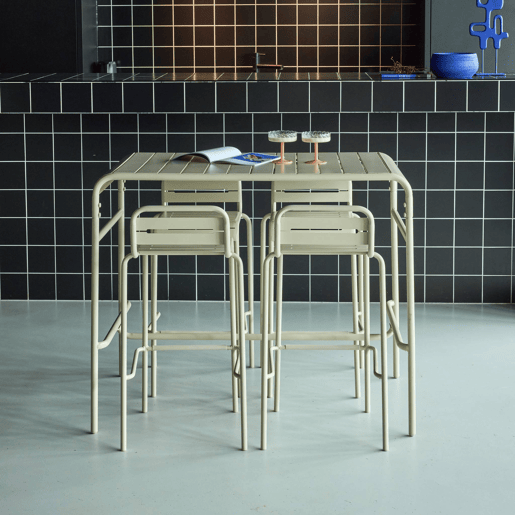 Mesa alta de jardim, 4 cadeiras altas de aço, Amelia, Beige, 120x70x95 cm Mesa alta de jardim, 4 cadeiras altas de aço, Amelia, Beige, 120x70x95 cm