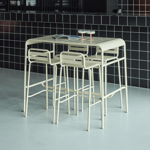 Mesa alta de jardim, 4 cadeiras altas de aço, Amelia, Beige, 120x70x95 cm Mesa alta de jardim, 4 cadeiras altas de aço, Amelia, Beige, 120x70x95 cm