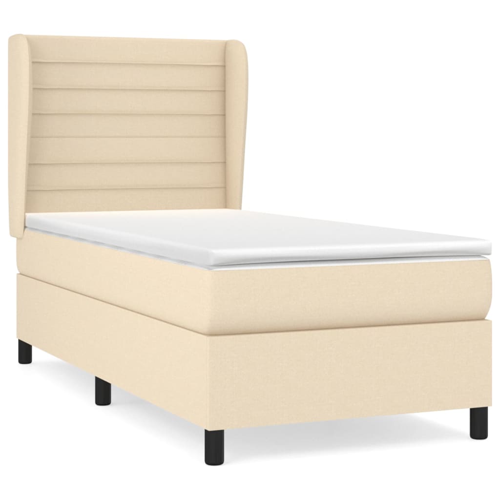 Cama box spring con colchón tela color crema 90x200 cm rayas horizontales