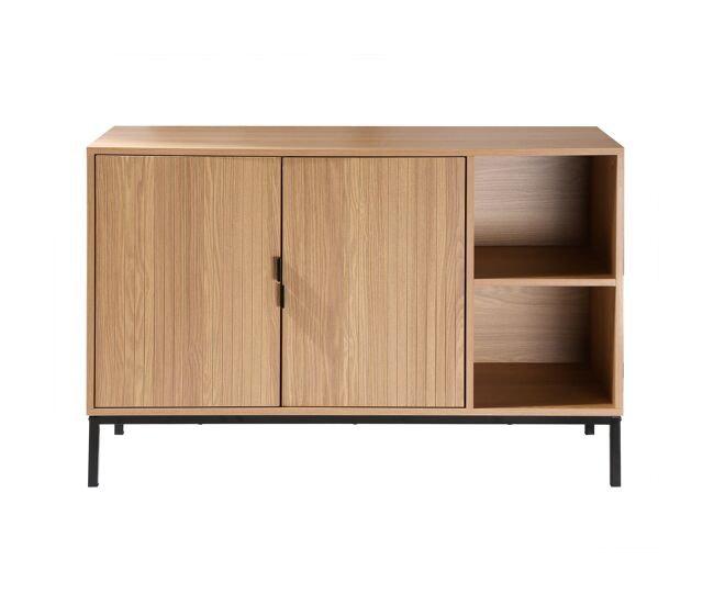 Aparador 2 puertas, 2 compartimentos abiertos efecto madera ranurada l110 cm - tara