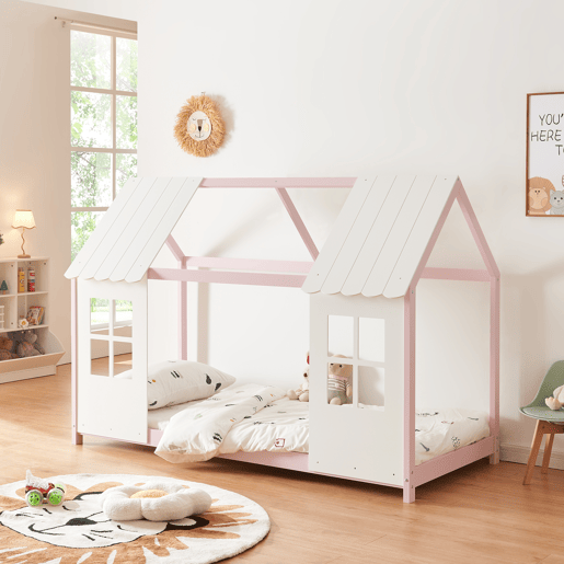 Cama de criança Tostedt em forma de casinha 90x200 cm - RosaBranco en.casa