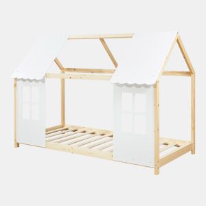Cama de criança Tostedt em forma de casinha 90x200 cm - Efeito madeiraBranco en.casa